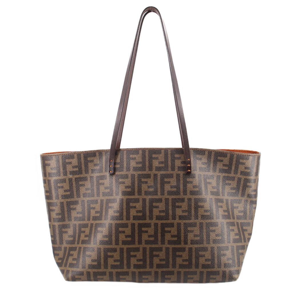 Medium tote front view in Tobacco Zucca FF monogram canvas with leather handles.