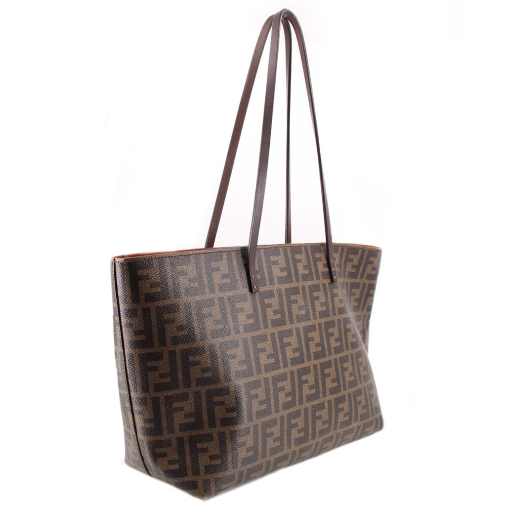 Medium tote side view in Tobacco Zucca FF monogram canvas with leather handles.