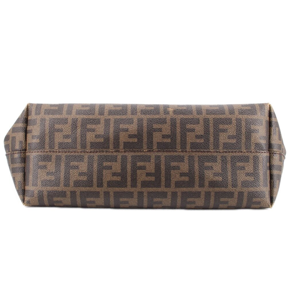 Medium tote bottom view in Tobacco Zucca FF monogram canvas with stitched edges.