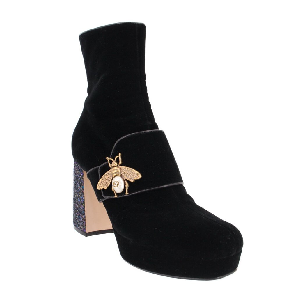 Black suede ankle boots with glitter block heel and bee strap detail