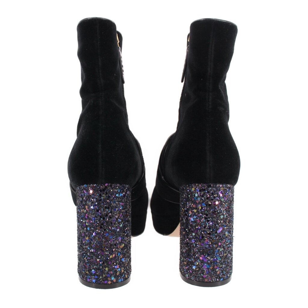 Black suede ankle boots with multicolor glitter heel panels and bee hardware