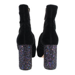 Black suede ankle boots with multicolor glitter heel panels and bee hardware
