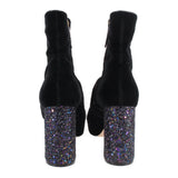 Black suede ankle boots with multicolor glitter heel panels and bee hardware