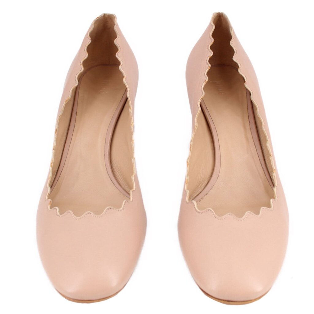 Nude leather scallop-toe heeled pumps, front view pair