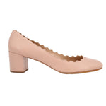 Nude scallop-edged leather heeled pumps, side view