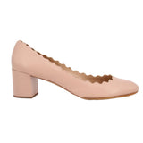 Nude scallop-edged leather heeled pumps, side view