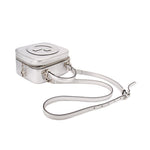 Gucci silver mini crossbody bag with adjustable strap and clasped top front emblem