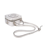 Gucci silver mini crossbody bag with adjustable strap and clasped top front emblem