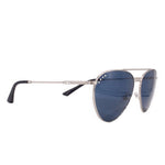 Silver pilot-frame sunglasses with dark blue lenses, black temple tips
