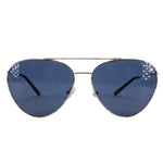 Pilot-frame sunglasses with silver metal rims and dark blue lenses