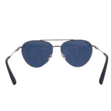 Pilot-frame sunglasses with silver metal frame, dark blue lenses and angled arms
