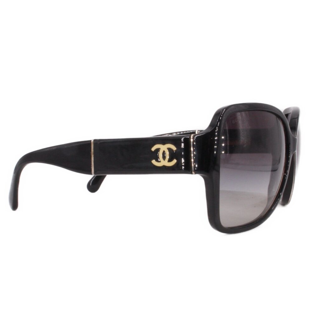 CHANEL oversized square sunglasses, black with gold CC logo on side and dark lens