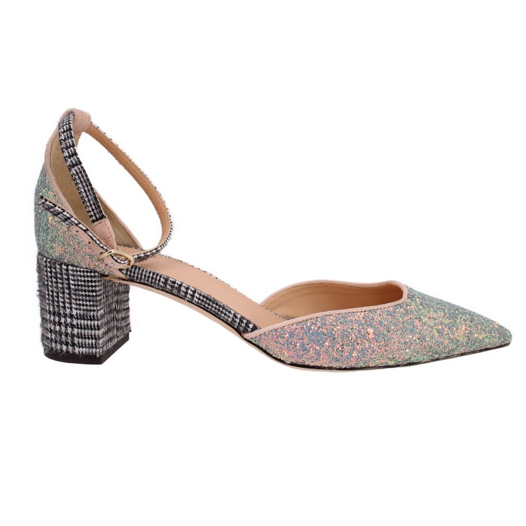 Iridescent glitter slingback heels with pointed toe and checkered block heel
