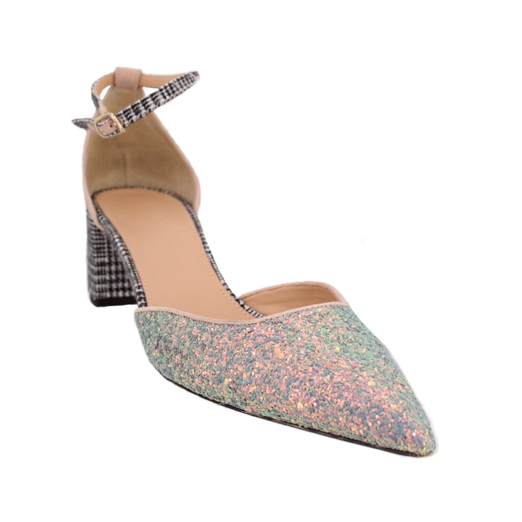 Iridescent sparkle pointed-toe heels with block heel and slingback ankle strap