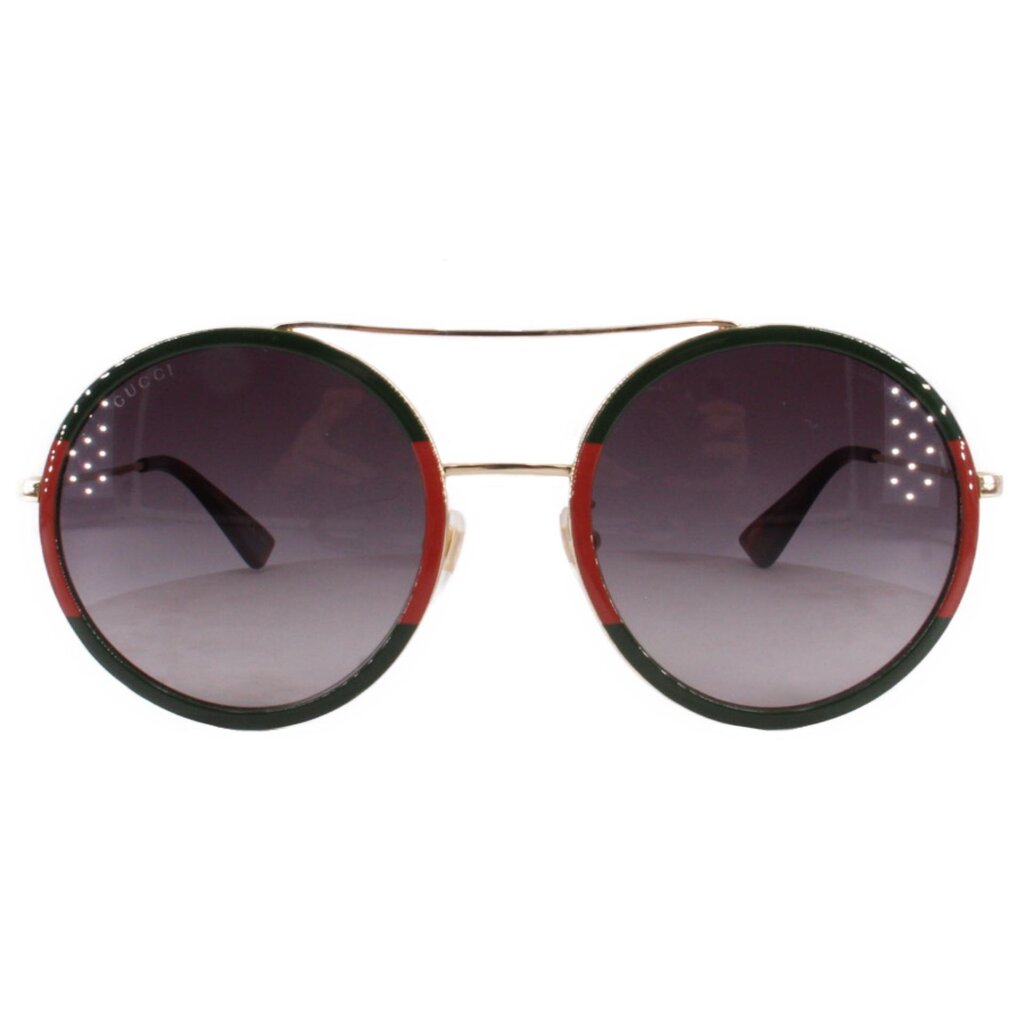 GUCCI round sunglasses with red-and-green frames and dark tinted lenses