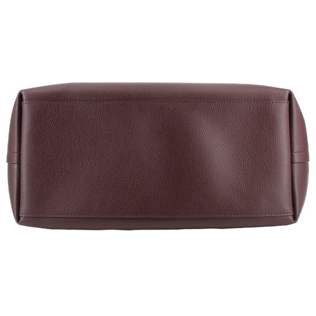Burgundy leather tote top panel with stitched trim and reinforced edges