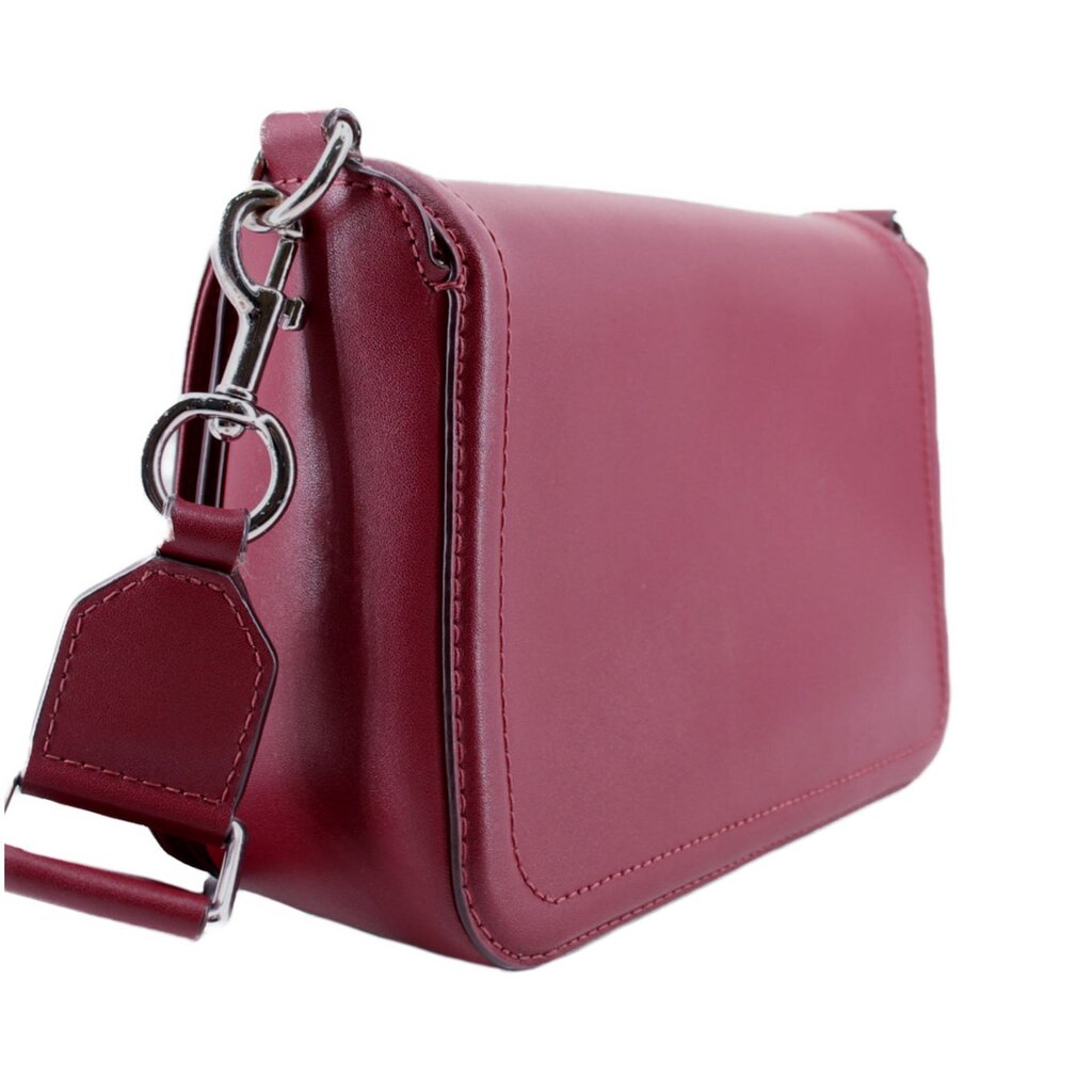Maroon leather crossbody bag with adjustable strap and metal D-ring hardware