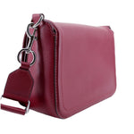 Maroon leather crossbody bag with adjustable strap and metal D-ring hardware