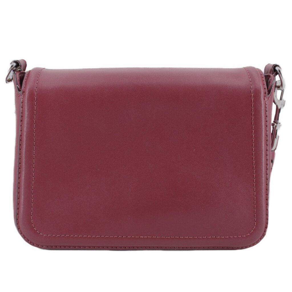 Maroon flap crossbody bag, smooth front panel, stitched flap edge