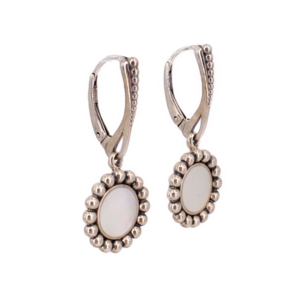 Silver-tone hinged drop earrings with round mother-of-pearl disc and beaded halo setting