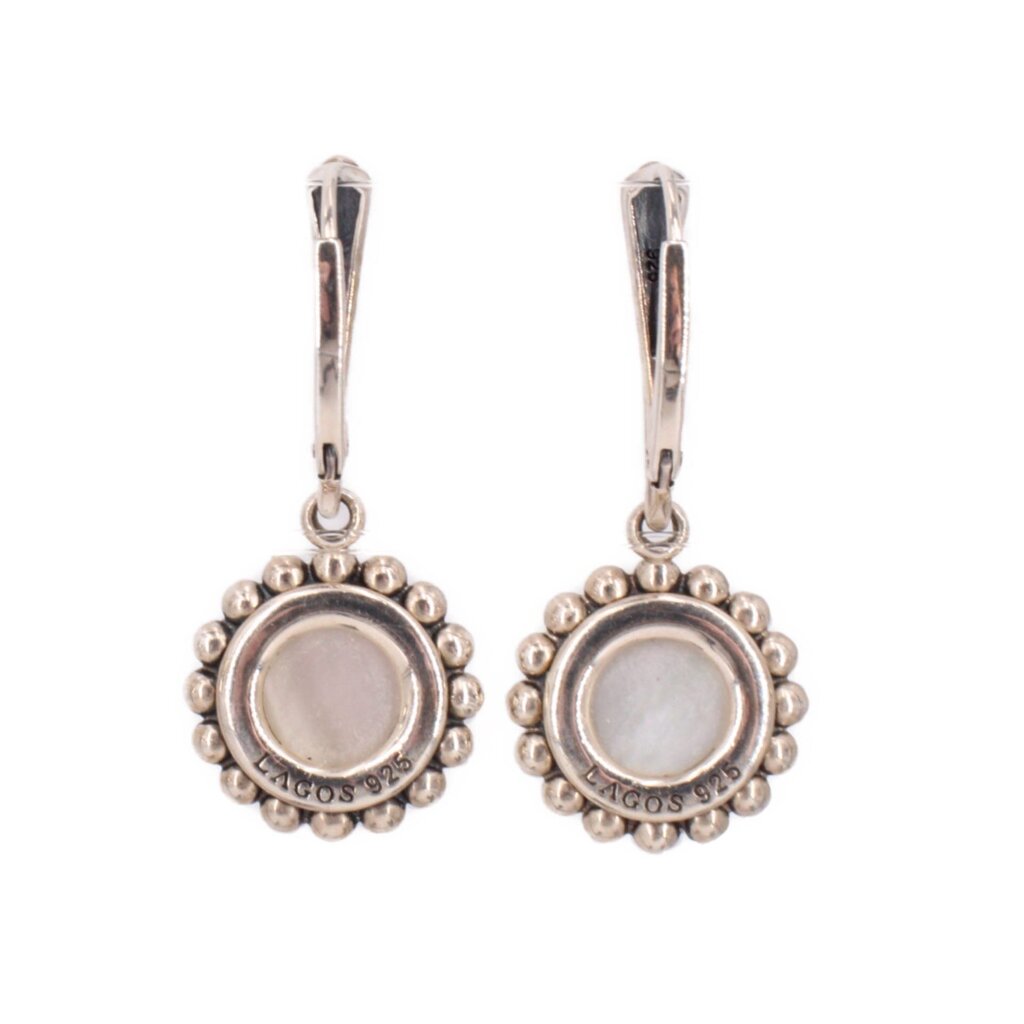 Silver-tone round mother-of-pearl disc drop earrings with beaded rim