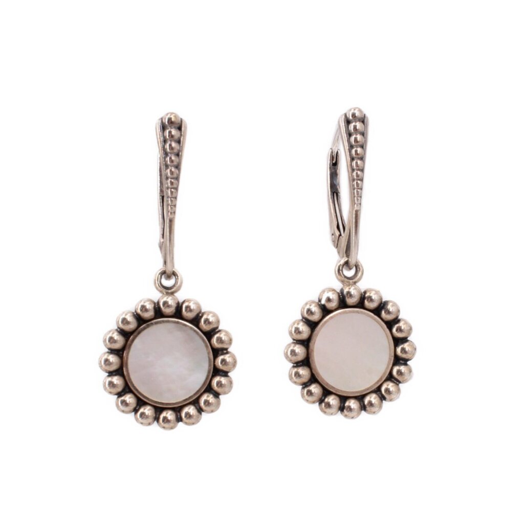 Silver-tone drop earrings with round mother-of-pearl discs and beaded outer border