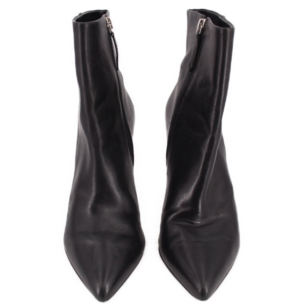 Pair of black ankle booties with pointed toe and side zipper