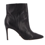Black ankle bootie with side seam, pointed toe, stiletto heel