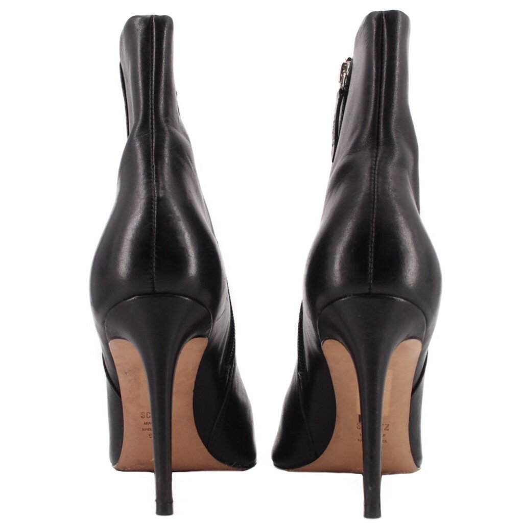 Black ankle booties with pointed back, stiletto heel, side zipper