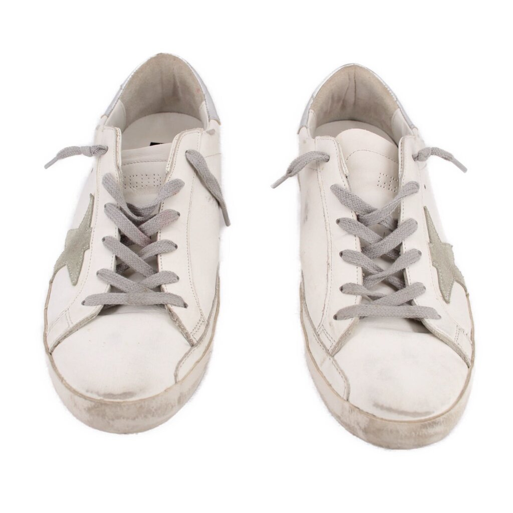 Pair of white mixed leather lace-up sneakers with gray paneling and beige sole