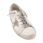 White mixed leather lace-up sneakers with gray star detail and beige sole