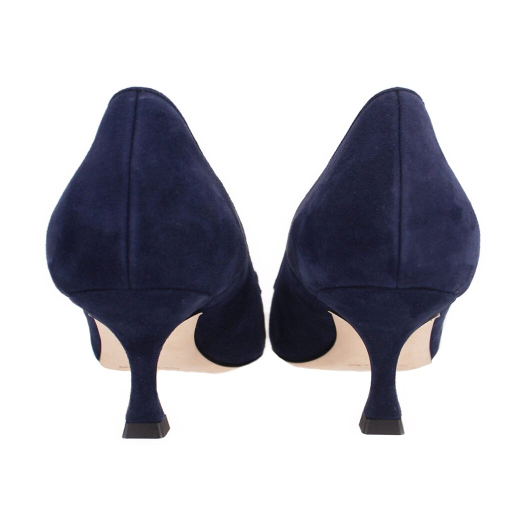Back view of navy suede pointed-toe heels with slim block heel
