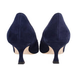 Back view of navy suede pointed-toe heels with slim block heel