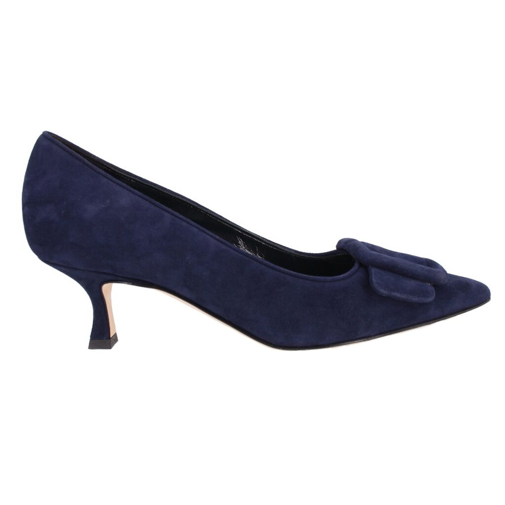 Navy suede pointed-toe heels with tied bow detail and slim heel