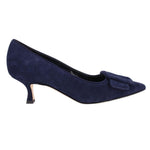 Navy suede pointed-toe heels with tied bow detail and slim heel