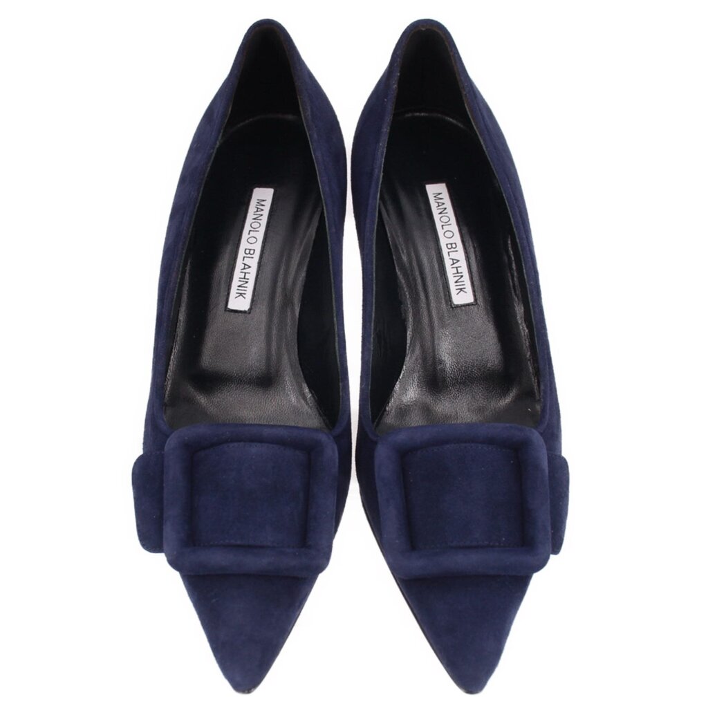 Pair of navy suede pointed-toe pumps with bow detail on the toe