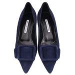 Pair of navy suede pointed-toe pumps with bow detail on the toe