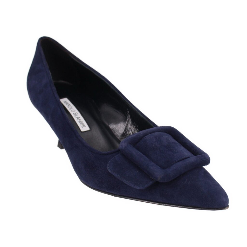 Navy suede pointed-toe heels with bow detail at the vamp