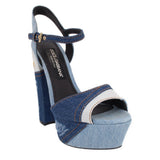 Blue denim patchwork platform heeled sandals with ankle strap and gold buckle