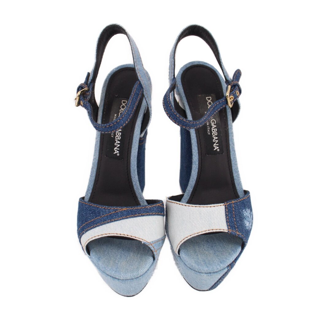 Blue denim patchwork heeled sandals with open toe and light panels, ankle strap