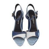 Blue denim patchwork heeled sandals with open toe and light panels, ankle strap