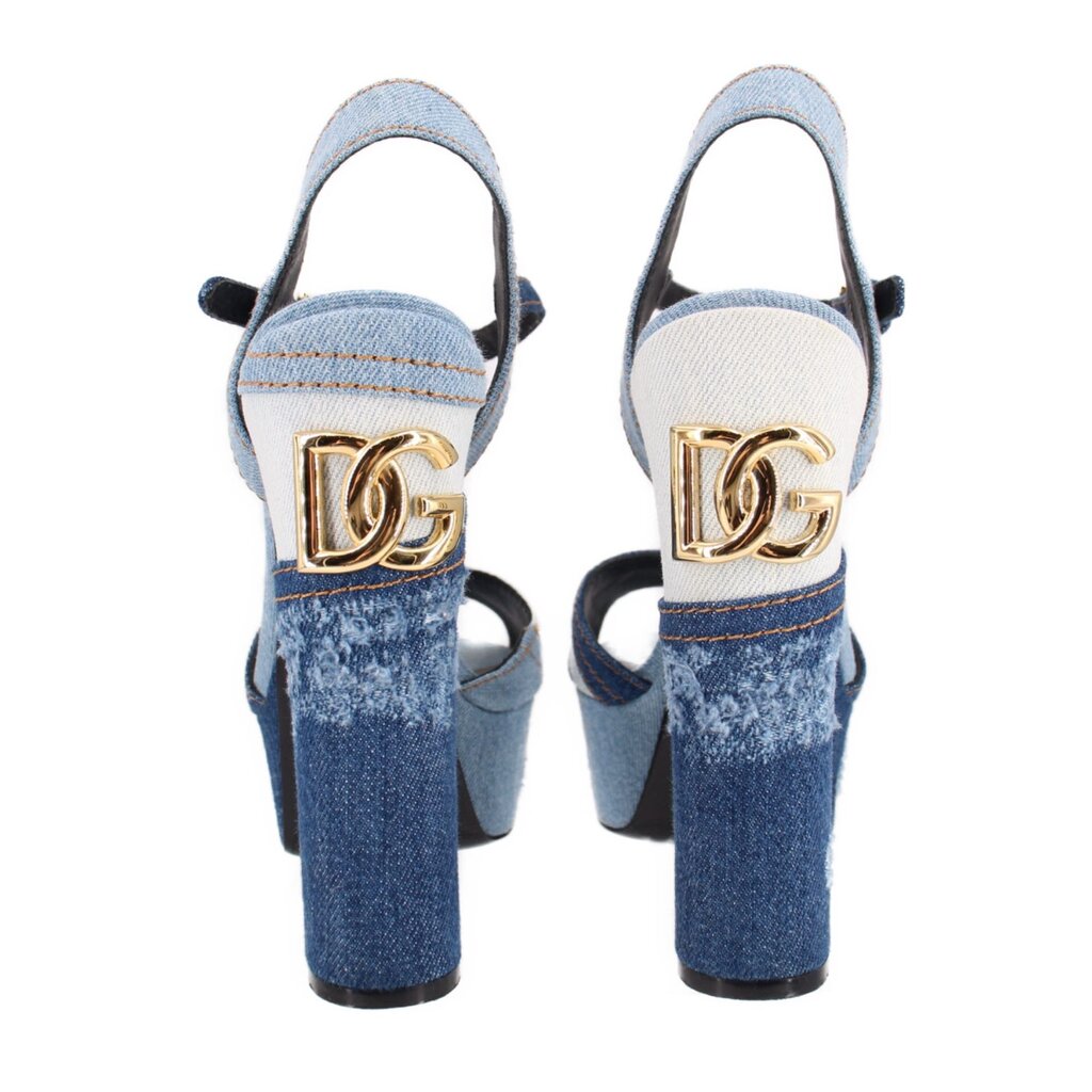 Denim patchwork heeled sandals with back straps and gold DG logo on block heel