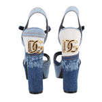 Denim patchwork heeled sandals with back straps and gold DG logo on block heel