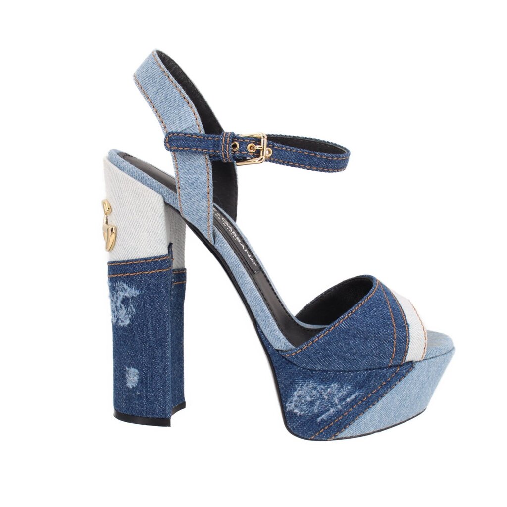 Denim patchwork heeled sandal with wide platform and ankle strap, gold buckle