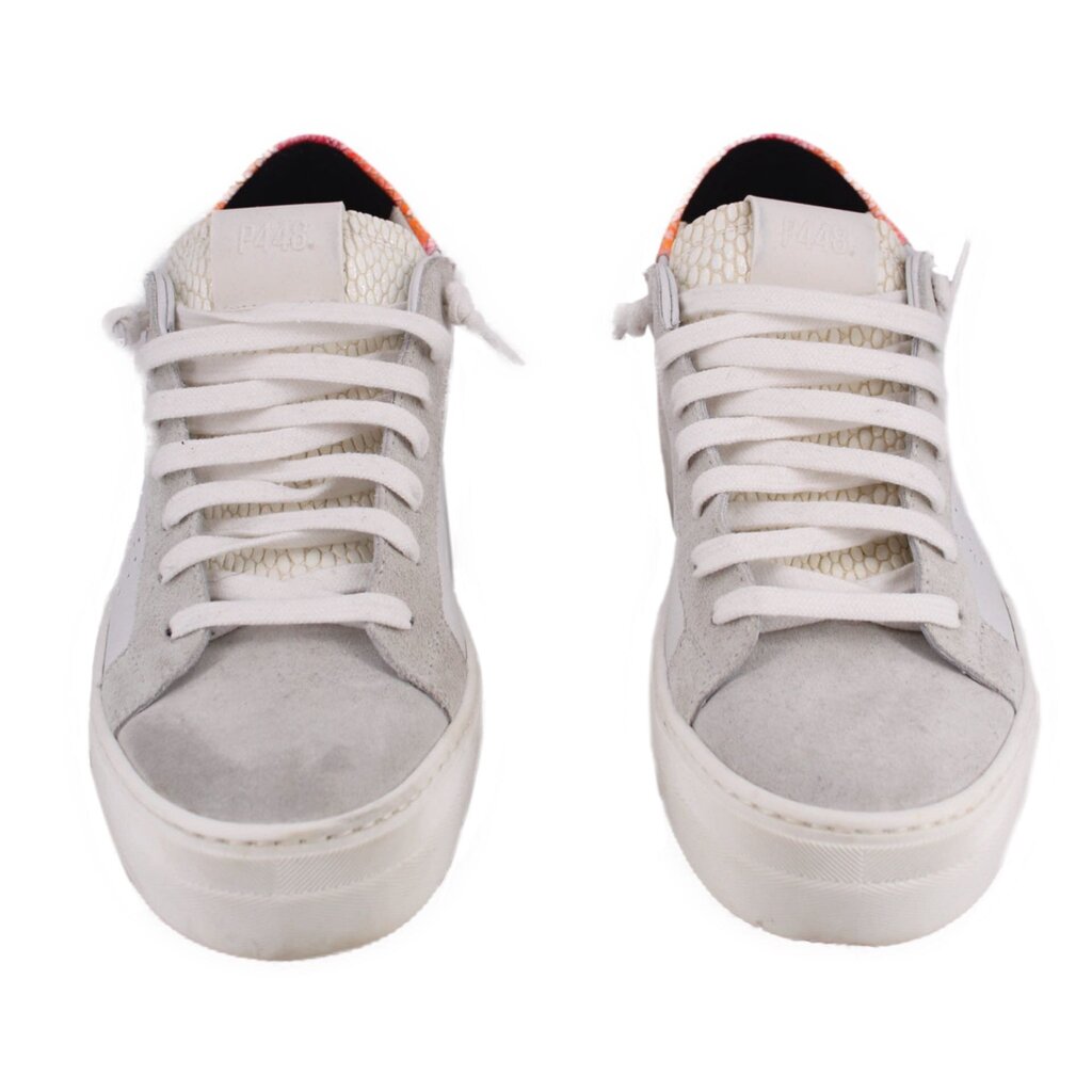 Pair of white leather platform sneakers, lace-up with orange interior at the heel