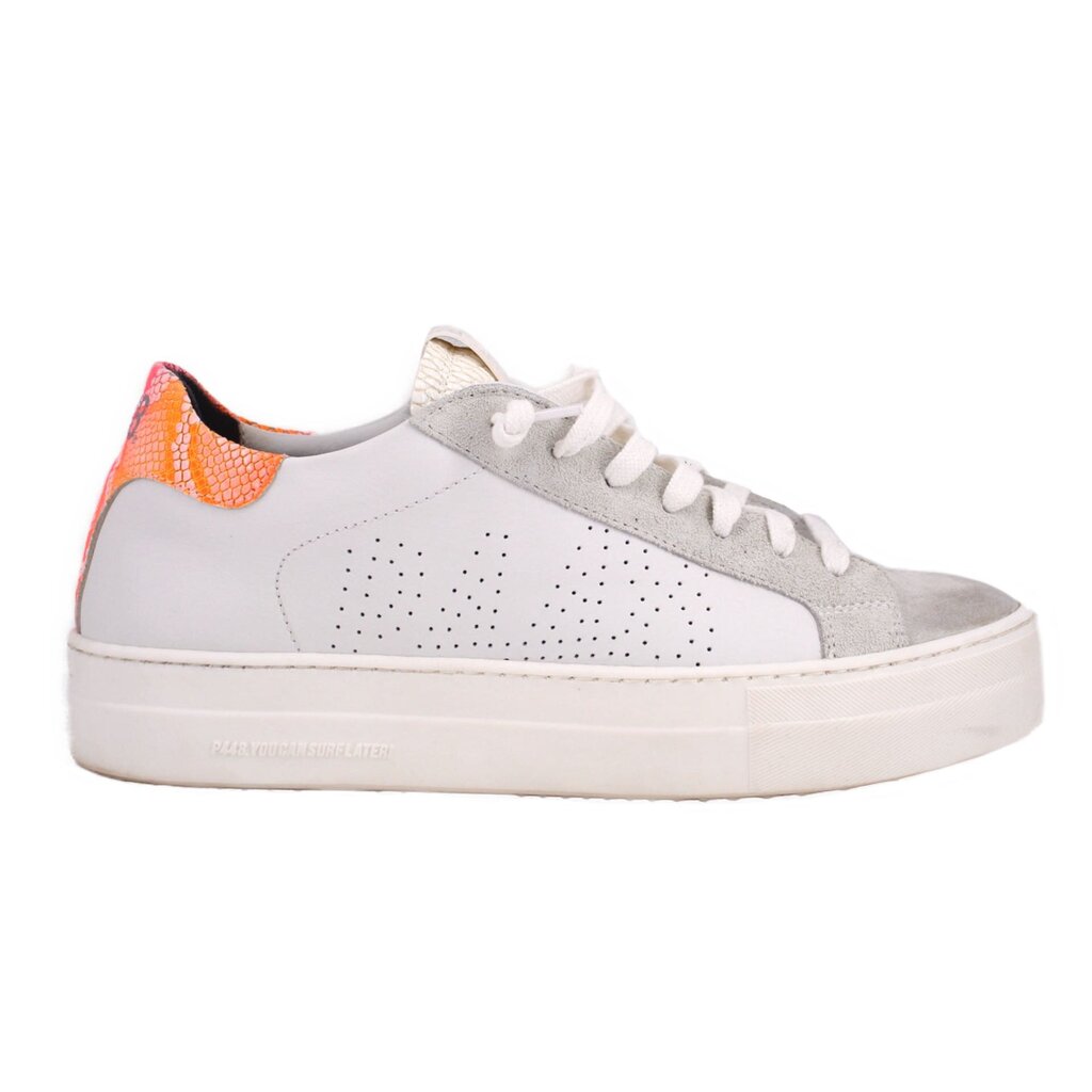 White leather platform sneakers with lace-up front, perforated toe, orange collar lining