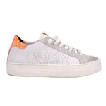 White leather platform sneakers with lace-up front, perforated toe, orange collar lining