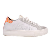White leather platform sneakers with lace-up front, perforated toe, orange collar lining
