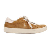 Camel and white sneakers, side view with white laces and stitched paneling.