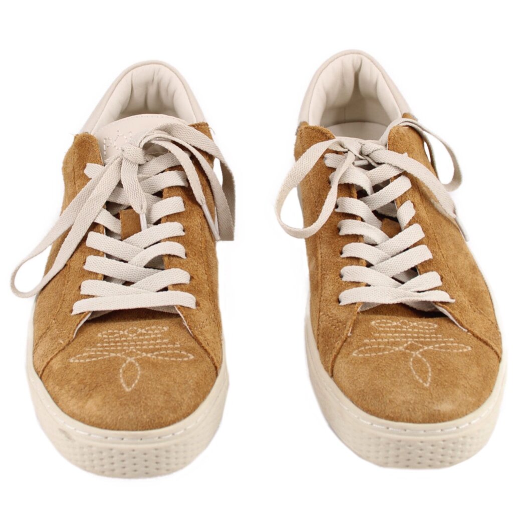 Camel suede sneakers pair, front view with white laces and textured white sole.